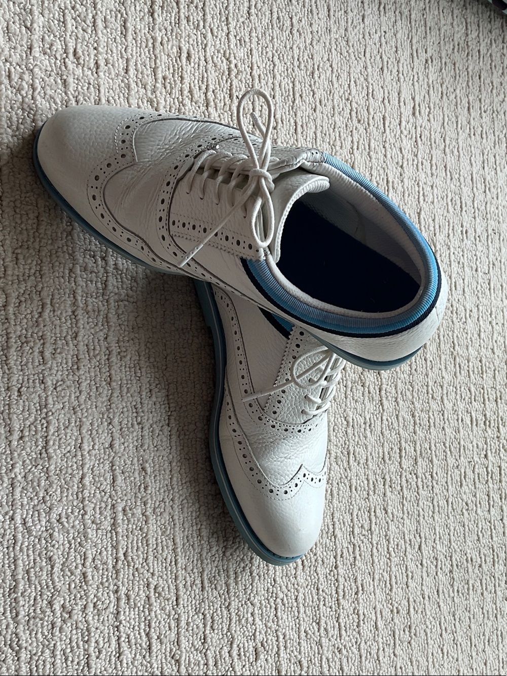 G/FORE White Leather Wingtip Golf Shoes with Blue Trim